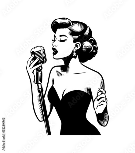 Elegant Woman Singing into Microphone in Black and White Pinup Style Illustration