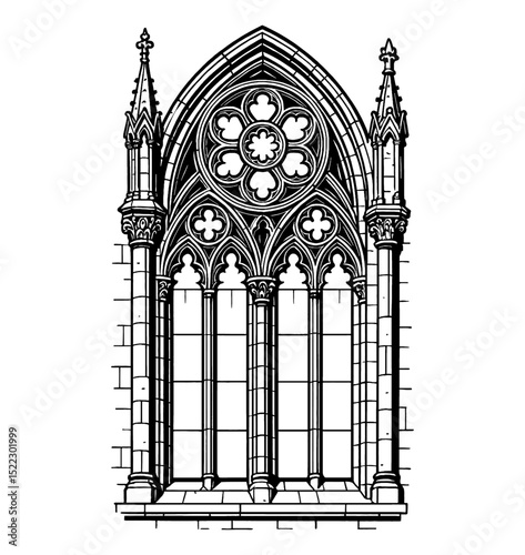 Detailed Black and White Illustration of Gothic Window with Floral Ornament Decoration