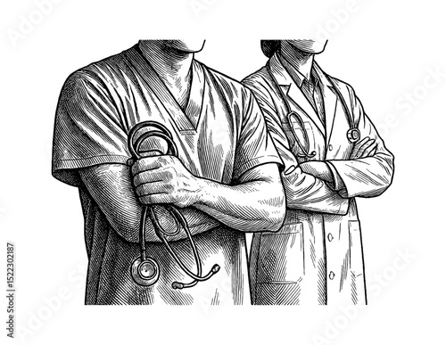 Two Doctors Standing Confidently with Stethoscopes in Engraved Line Art Style