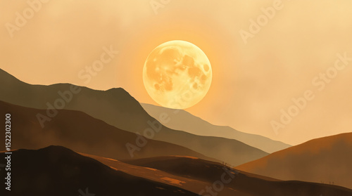A warm golden full moon rises gently above layers of tranquil mountain silhouettes, creating a serene and minimalist twilight landscape.