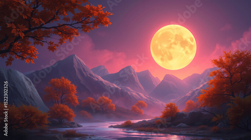 A glowing full moon rises above tranquil mountains and a reflective river, surrounded by vivid autumn trees bathed in soft magenta twilight.