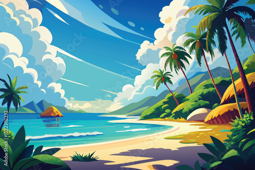 Tropical beach paradise illustration with palm trees view