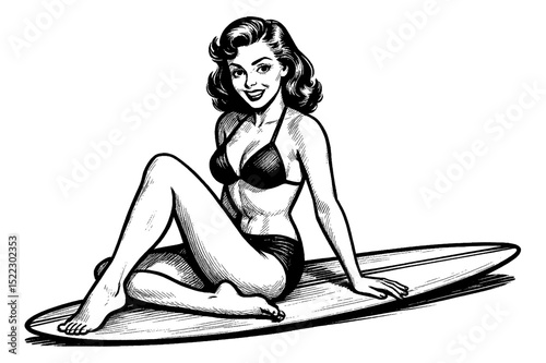Pinup style woman in bikini sitting on surfboard with smiling expression in sketch illustration