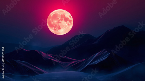 A glowing crimson-pink moon rises above shadowy indigo mountains, casting a mysterious glow over the flowing terrain under the surreal night sky.