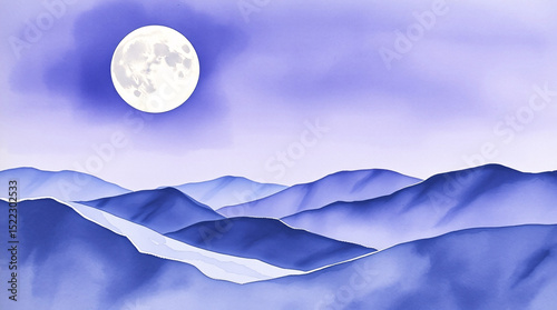 Surreal glowing moon floats massively above a dreamy landscape of marble-like hills under violet and indigo skies.