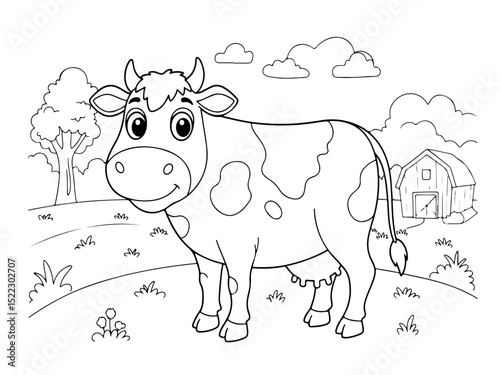 cow cartoon outline for coloring page, paper a4 printable, vector line art black and white illustration, white background

