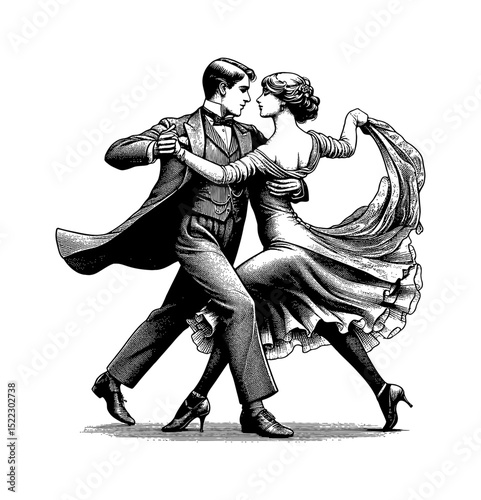 Elegant Couple Ballroom Dancing in Detailed Vintage Engraving Style Illustration