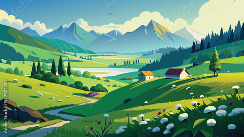 Landscape art illustration of green mountains and meadow view
