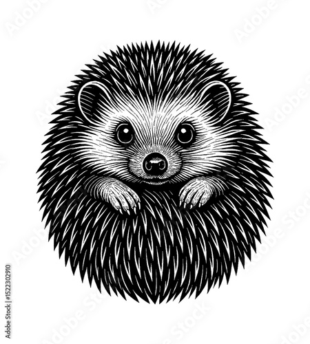 Adorable Hedgehog Illustration with Detailed Spines and Cute Face in Black and White