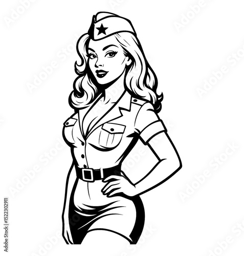 Attractive Caucasian Woman in Military Uniform with Confident Pose Black and White Vector