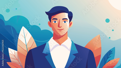 Illustration of business man in suit with leaves background