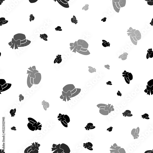 Seamless vector pattern with women's hat symbols, creating a creative monochrome background with rotated elements. Illustration on transparent background
