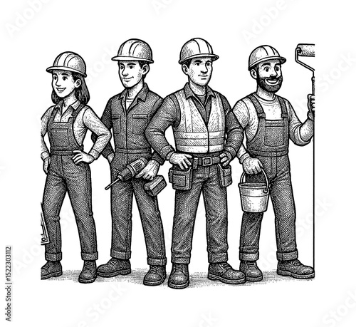 Team of Construction Workers in Hard Hats with Tools Smiling in Black and White Engraving Style