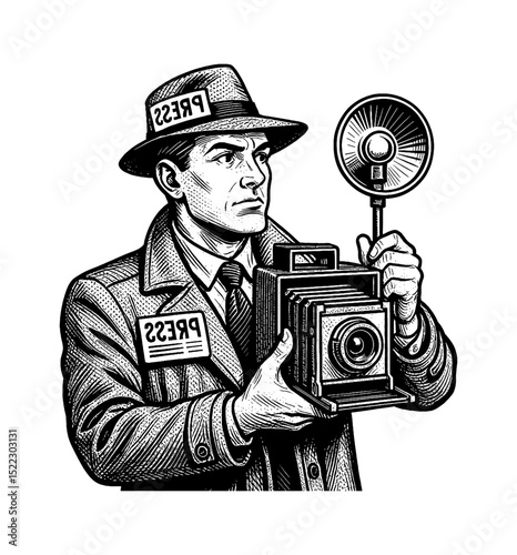 Illustration of a man Holding a Camera With Flash in Black and White Detailed Drawing
