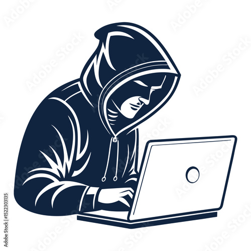 Anonymous hacker working on laptop computer