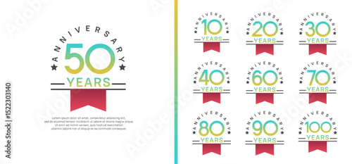 set of anniversary logo style with red ribbon. vector design blue color for celebration