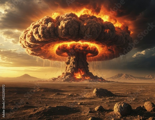 Nuclear Explosion with Mushroom Cloud – Apocalyptic Landscape Scene photo