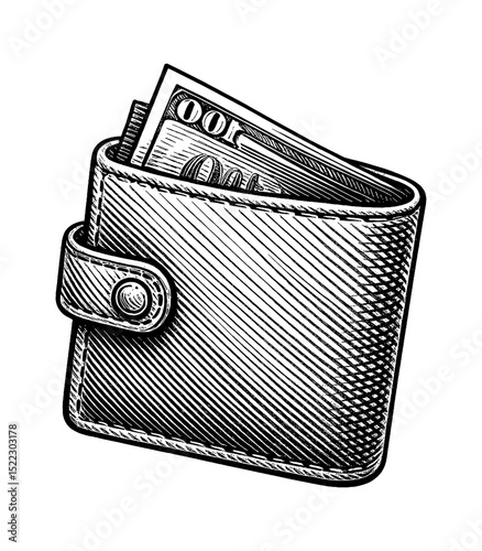 Engraved Wallet with Hundred Dollar Bills on White Background Detailed