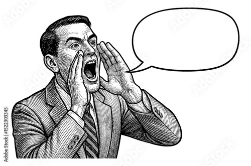 Engraved Man in Suit Shouting with Open Mouth and Hands Near Mouth with Speech Bubble