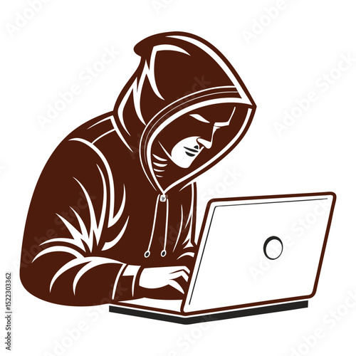 Hooded hacker working on laptop computer