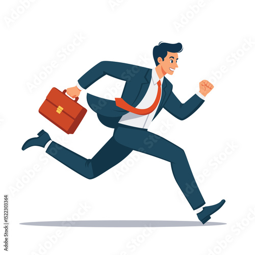 Businessman employee running to work carrying a suitcase flat vector illustration