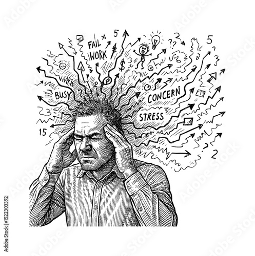 Stressed Man with Headache and Overthinking, Depressed with Many Problem in Engrave Art Style