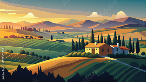 Tuscany landscape painting hills trees fields house sunset