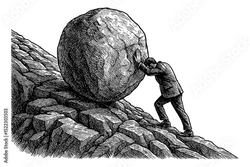 Man Pushing Large Boulder Up Hill with Great Effort in Black and White Engraving Style