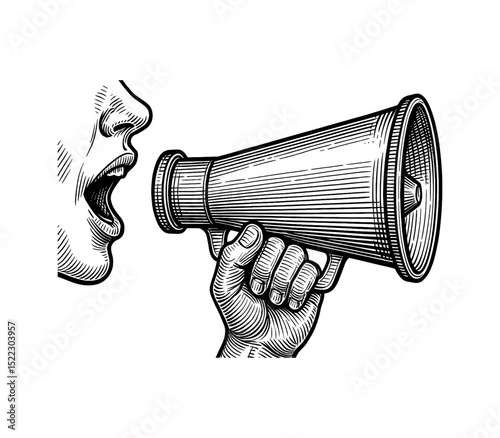Person Speaking into Megaphone Engraved Illustration in Black and White High Contrast Detail