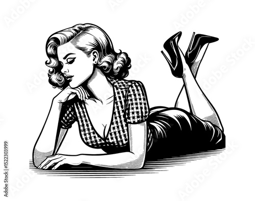 Glamorous pinup woman lying down in black and white illustration style, alluring expression