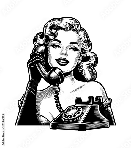 Pinup Woman Talking on Retro Phone in Black and White Engraving Style Art