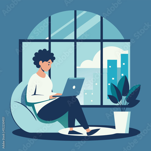 Remote work woman laptop home office vector illustration