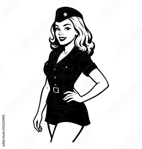 Attractive Caucasian Woman in Military Uniform with Hand on Hip Black and White Vector Graphic