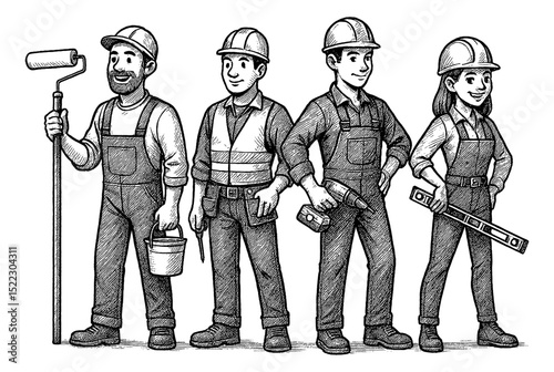 Group of Construction Workers with Tools Standing Together in Black and White Line Art Drawing