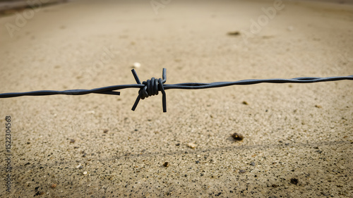 Close-up of barbed wire stretched across a concrete floor, symbolizing safety, boundary, danger and restriction.