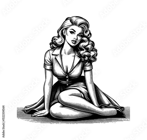 Glamorous Caucasian pinup woman sitting in elegant dress with playful expression engraved