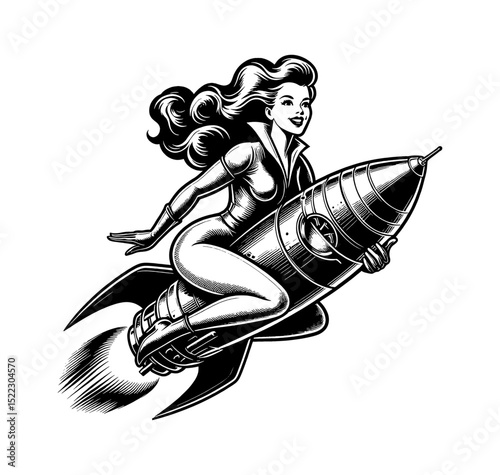 Pinup woman in bodysuit flying on a rocket with smile in black and white vintage drawing style