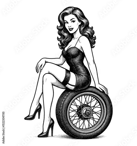 Glamorous Caucasian Pinup Woman Sitting on Tire Smiling in Black and White Illustration