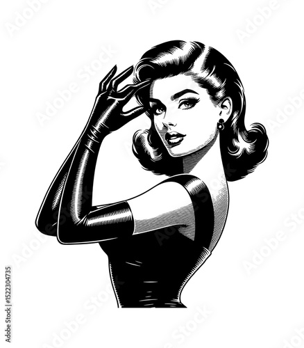 Glamorous Woman in Gloves and Dress with Hand on Head in Retro Black and White Illustration
