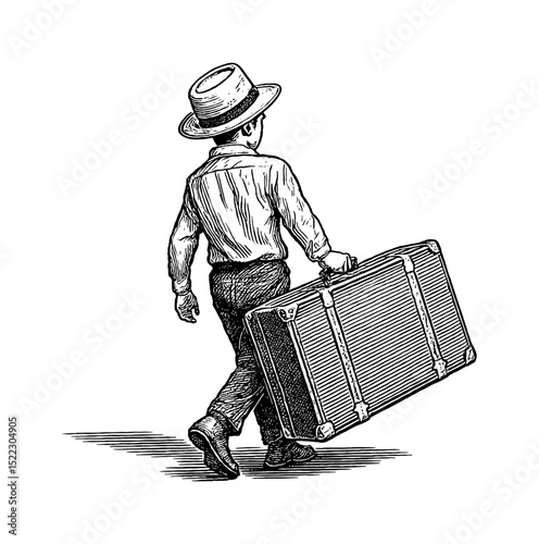 Boy in Hat Walking Away Carrying Large Suitcase, Detailed Vintage Black and White Line Art