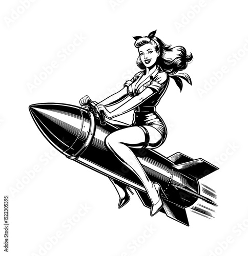 Pinup Woman Riding Rocket Smiling in Black and White Detailed Illustration