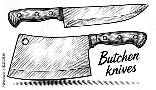 Vintage Engraved Butcher Knives Illustration with Detailed Hatching and Shading