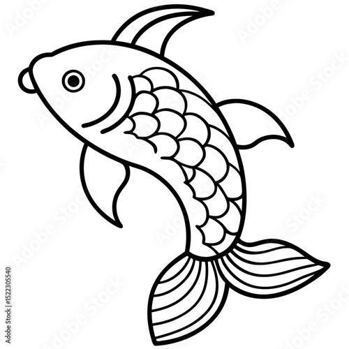 Outlined drawing of a fish with detailed scales halloween, vector, silhouette,  illustration, horizontal, isolated assets,
