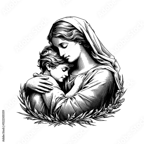 Mother and Child Embracing in Engraved Style, Symbolizing Love and Protection.