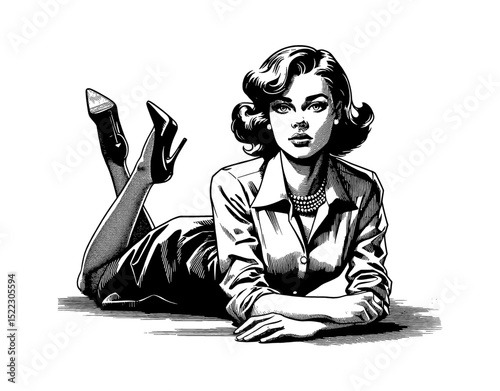 Elegant Woman Lying Down Posing with High Heels and Wearing a Buttoned Shirt and Pearl Necklace