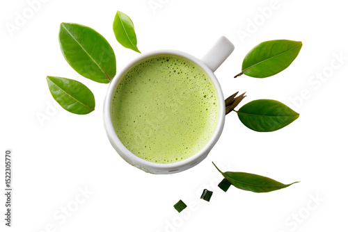 Wallpaper Mural Overhead View of a Matcha Latte with Green Tea Leaves, PNG Torontodigital.ca