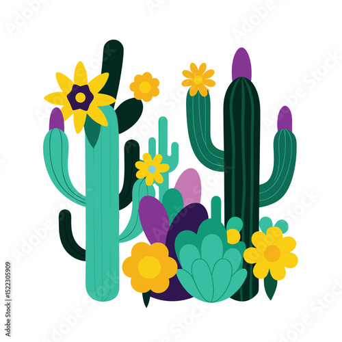 Colorful vector illustration of blooming cactus and desert plants