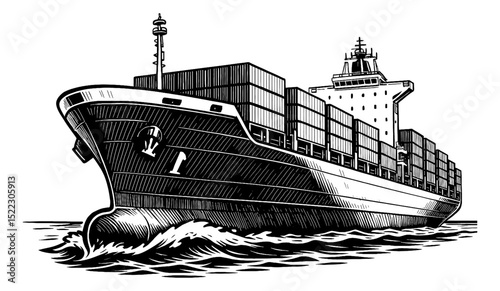 Cargo Ship Sailing on Water with Containers, Black and White Detailed Hatching Illustration