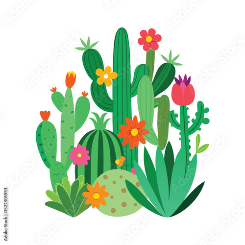 Colorful vector illustration of various cactus and desert flowers
