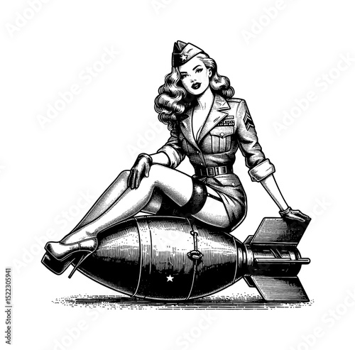 Pinup Woman in Military Uniform Sitting on Bomb with Confident Expression in Engraving Style